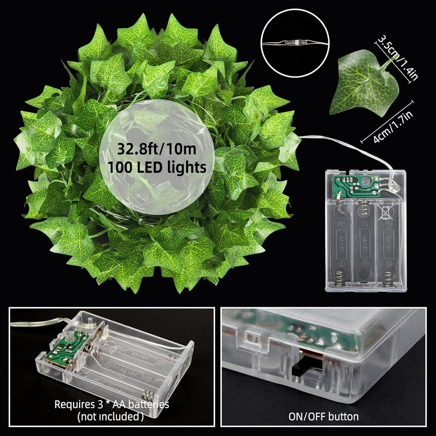 Taefuhnn 10M 100LED Vine Leaf Fairy String Lights Batteries Powered, Fake Green Ivy Vine Fairy String Lights for Room Home Bedroom Outdoor Indoor Garden Decor
