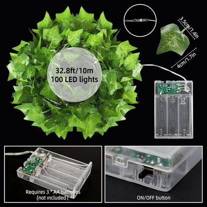 Taefuhnn 10M 100LED Vine Leaf Fairy String Lights Batteries Powered, Fake Green Ivy Vine Fairy String Lights for Room Home Bedroom Outdoor Indoor Garden Decor