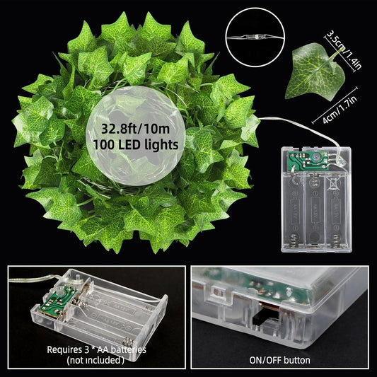 Taefuhnn 10M 100LED Vine Leaf Fairy String Lights Batteries Powered, Fake Green Ivy Vine Fairy String Lights for Room Home Bedroom Outdoor Indoor Garden Decor