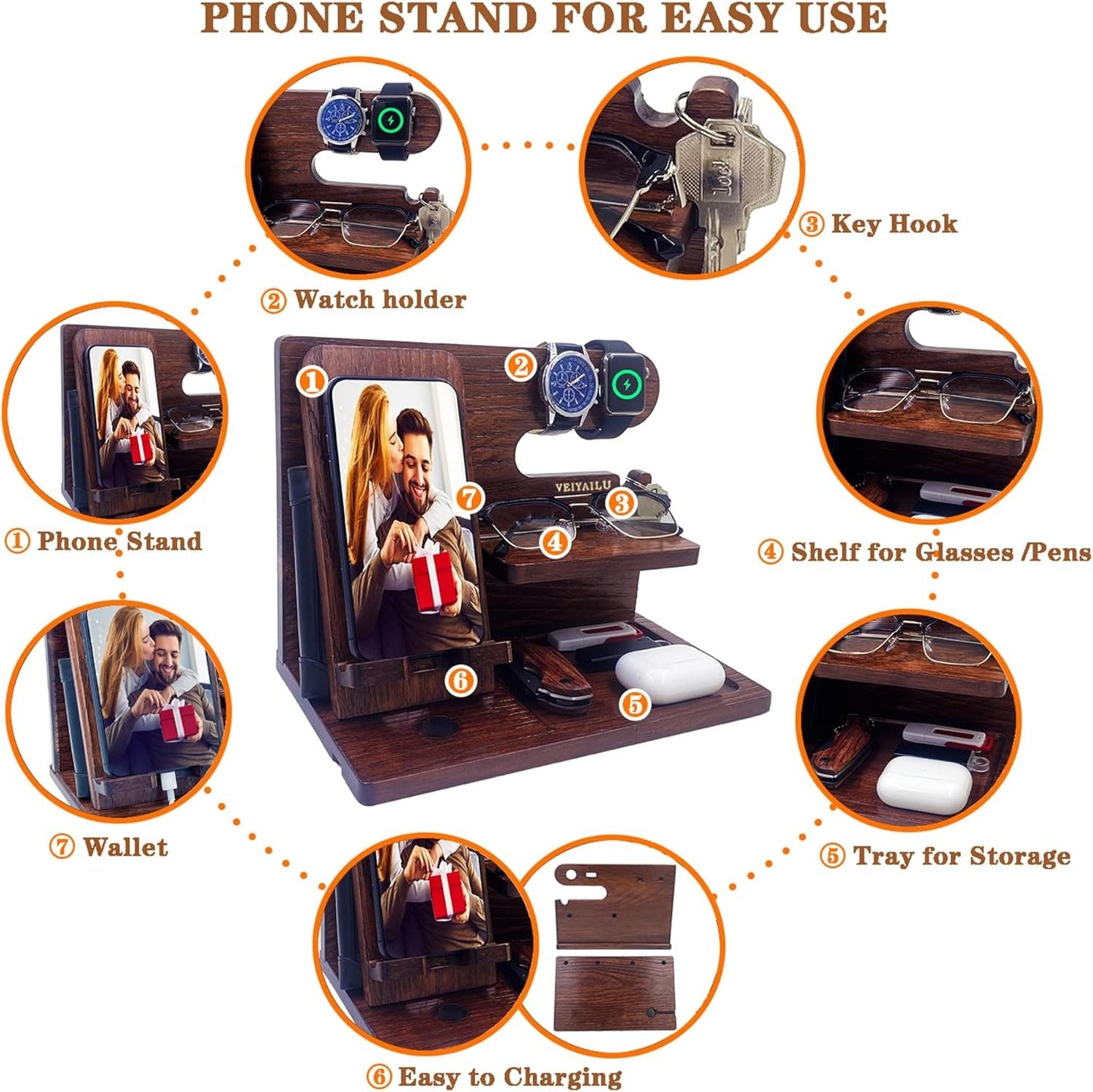 VEIYAILU Gifts for Men Women Brother Boss Boyfriend Him Nightstand Organizer Gifts for Dad from Daughter Son Wood Phone Docking Station (Dark Brown)