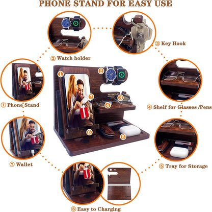 VEIYAILU Gifts for Men Women Brother Boss Boyfriend Him Nightstand Organizer Gifts for Dad from Daughter Son Wood Phone Docking Station (Dark Brown)