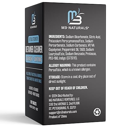 Overnight + Whitening Retainer Cleaner | FSA HSA Approved | Remove Stains, Discoloration, and Plaque | 4 Month Supply | Denture Cleanser with Whitening Boost by M3 Naturals
