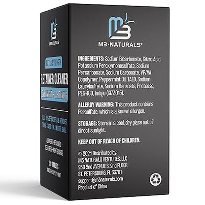 Overnight + Whitening Retainer Cleaner | FSA HSA Approved | Remove Stains, Discoloration, and Plaque | 4 Month Supply | Denture Cleanser with Whitening Boost by M3 Naturals