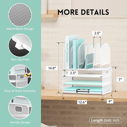 DALTACK Desk Organizer with Vertical File Holder, 3 Tier Desktop Organizer with 5 File Folder Holders and Handles, Desk Organizers and Accessories for Home Office Organization, Metal Mesh, White