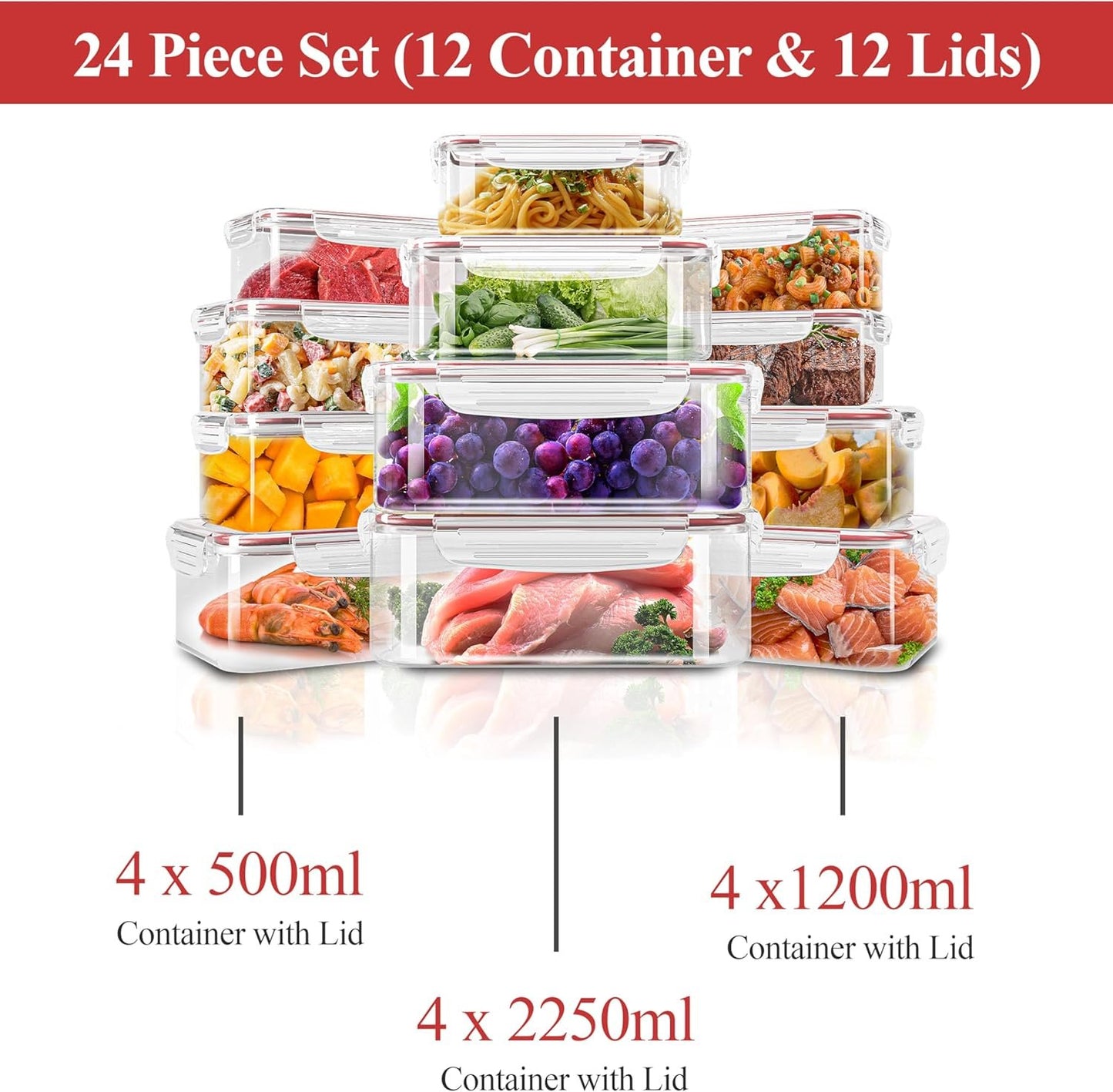 KICHLY Plastic Airtight Food Storage Containers - 24 Pieces (12 Containers & 12 Lids) Plastic Food Containers with Lids for Kitchen & Pantry, Leakproof (Red)