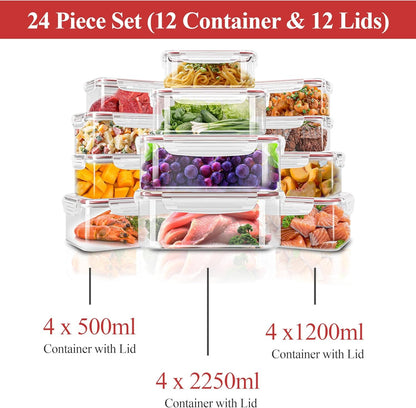 KICHLY Plastic Airtight Food Storage Containers - 24 Pieces (12 Containers & 12 Lids) Plastic Food Containers with Lids for Kitchen & Pantry, Leakproof (Red)