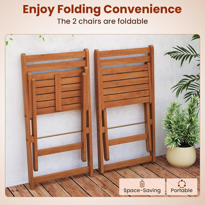 HAPPYGRILL 3 Piece Outdoor Wood Bistro Set, Solid Wood Furniture Set w/ 2 Folding Chairs & Dining Table, Slatted Seat & Tabletop, Patio Dining Set for Backyard, Poolside