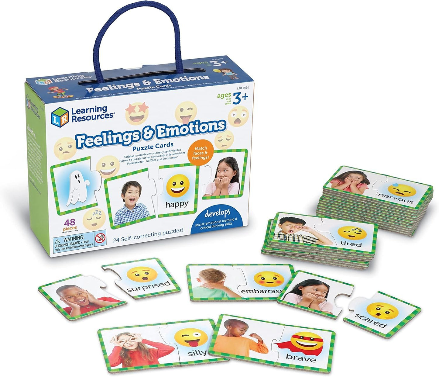 Learning Resources Feelings & Emotions Puzzle Cards, Social Skills, Autism Learning Materials, Speech Therapy Materials, Social Emotional Learning Toys and Games for Kids, 48 Pieces, Ages 3+