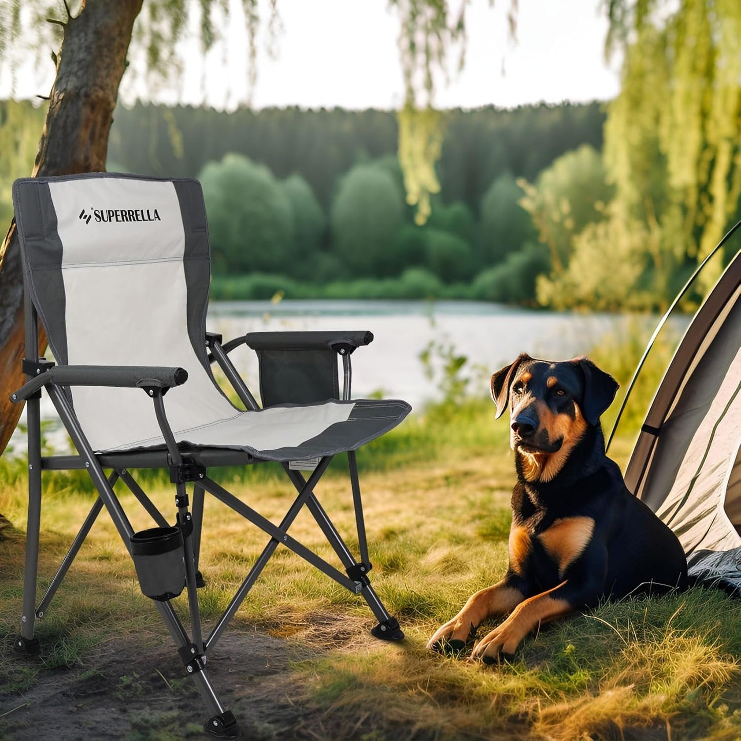 Superrella Camping Chair Folding Portable Lawn Chair Comfortable Hard Arm Sturdy for Family Camp, Outdoor, Sports, Beach, Travel, Beige, Supports 300 lbs