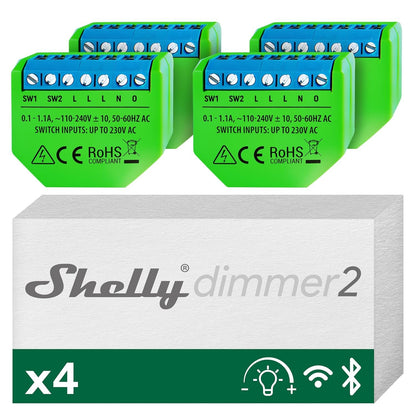 Shelly Dimmer 2, Intelligent WiFi Dimmer, No Neutral Conductor Required, Home Automation, Compatible with Alexa & Google Home, iOS Android App, No Hub Required, Dimmable Lights (Pack of 4)