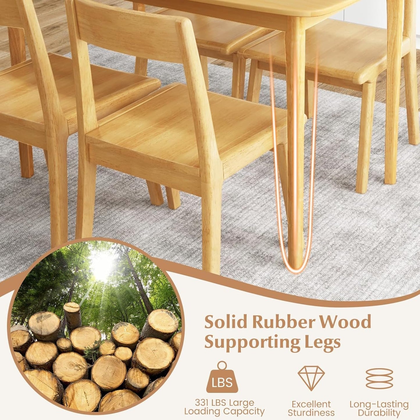 COSTWAY Dining Table, 48” Wooden Rectangular Kitchen Table with Solid Rubber Wood Legs, Spacious Tabletop, Modern Farmhouse Dinner Table for Kitchen, Dining Room, Restaurant
