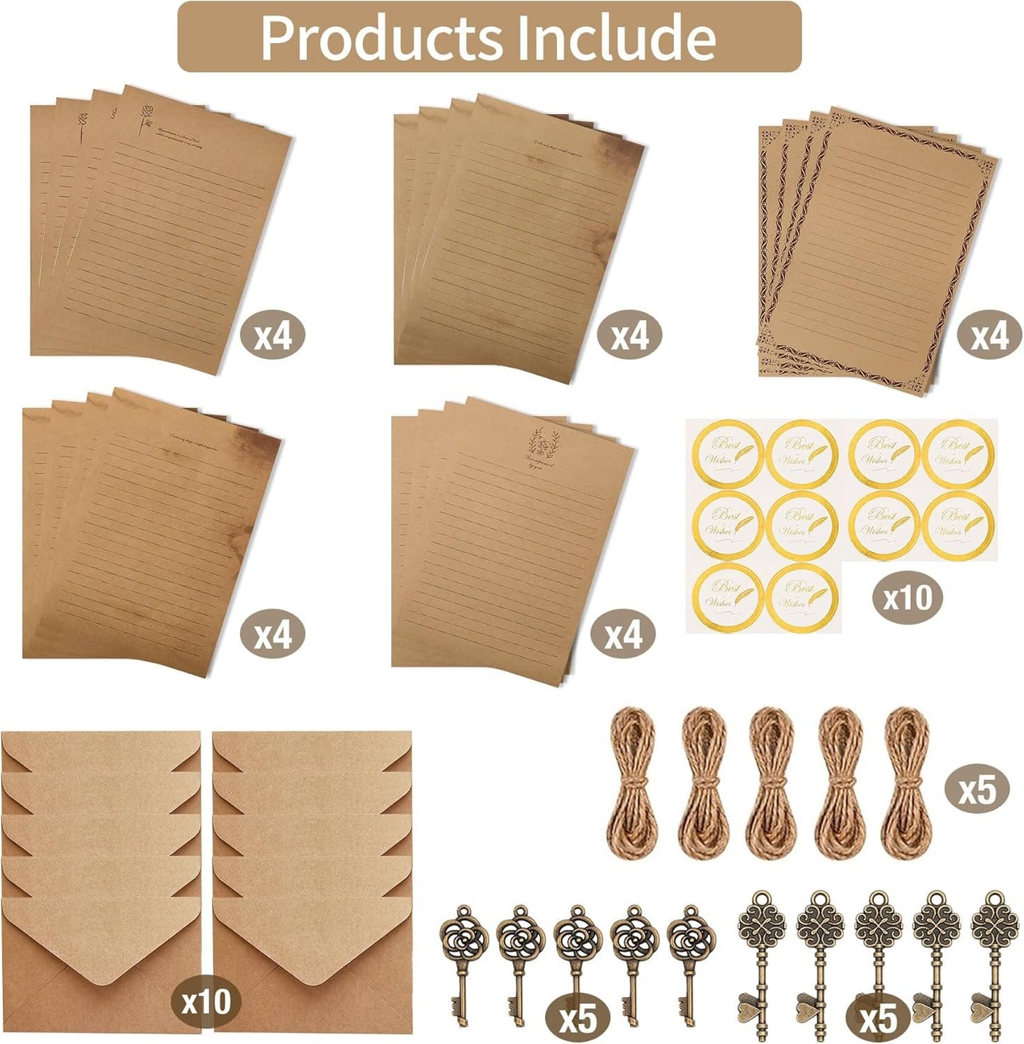 RAORAOYUE 5 Set Vintage Stationery Paper and Envelopes Set, 20 Stationary Paper 10 Kraft Envelopes 10 Sealing Sticker 10 Metal Accessories