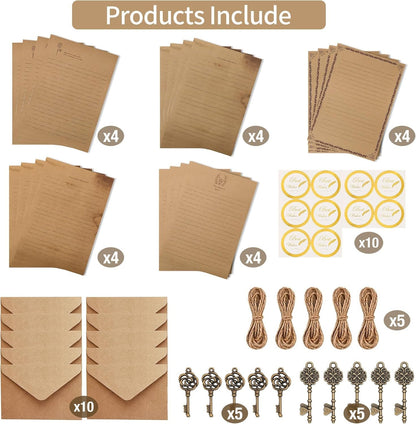 RAORAOYUE 5 Set Vintage Stationery Paper and Envelopes Set, 20 Stationary Paper 10 Kraft Envelopes 10 Sealing Sticker 10 Metal Accessories