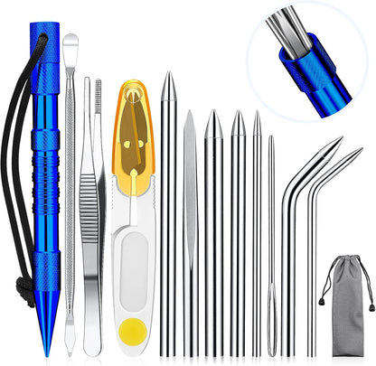 Ferraycle 12 Pieces Paracord Fid Set Stainless Steel Knotter Tools Marlinspike Set Paracord Stitching Lacing Stitching Needles and Smoothing Tool Knotter Tools for Leather or Paracord Work (Dark Blue)