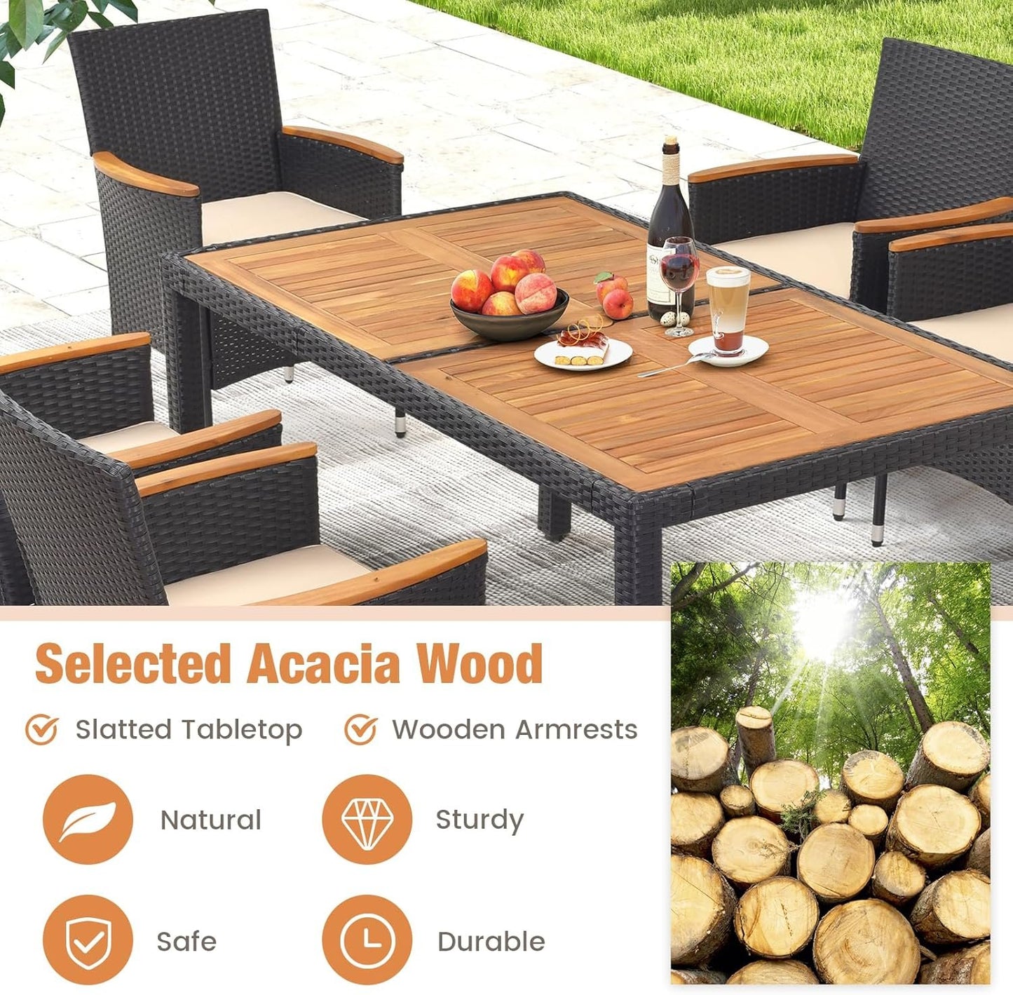 HAPPYGRILL 7 Pieces Outdoor Dining Set, Patio Conversation Set with Umbrella Hole, Acacia Wood Tabletop & Seat Cushions, Dining Table with 6 Rattan Wicker Chairs for Backyard Poolside Deck