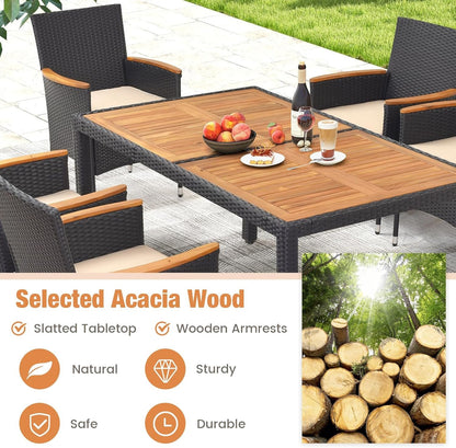 HAPPYGRILL 7 Pieces Outdoor Dining Set, Patio Conversation Set with Umbrella Hole, Acacia Wood Tabletop & Seat Cushions, Dining Table with 6 Rattan Wicker Chairs for Backyard Poolside Deck