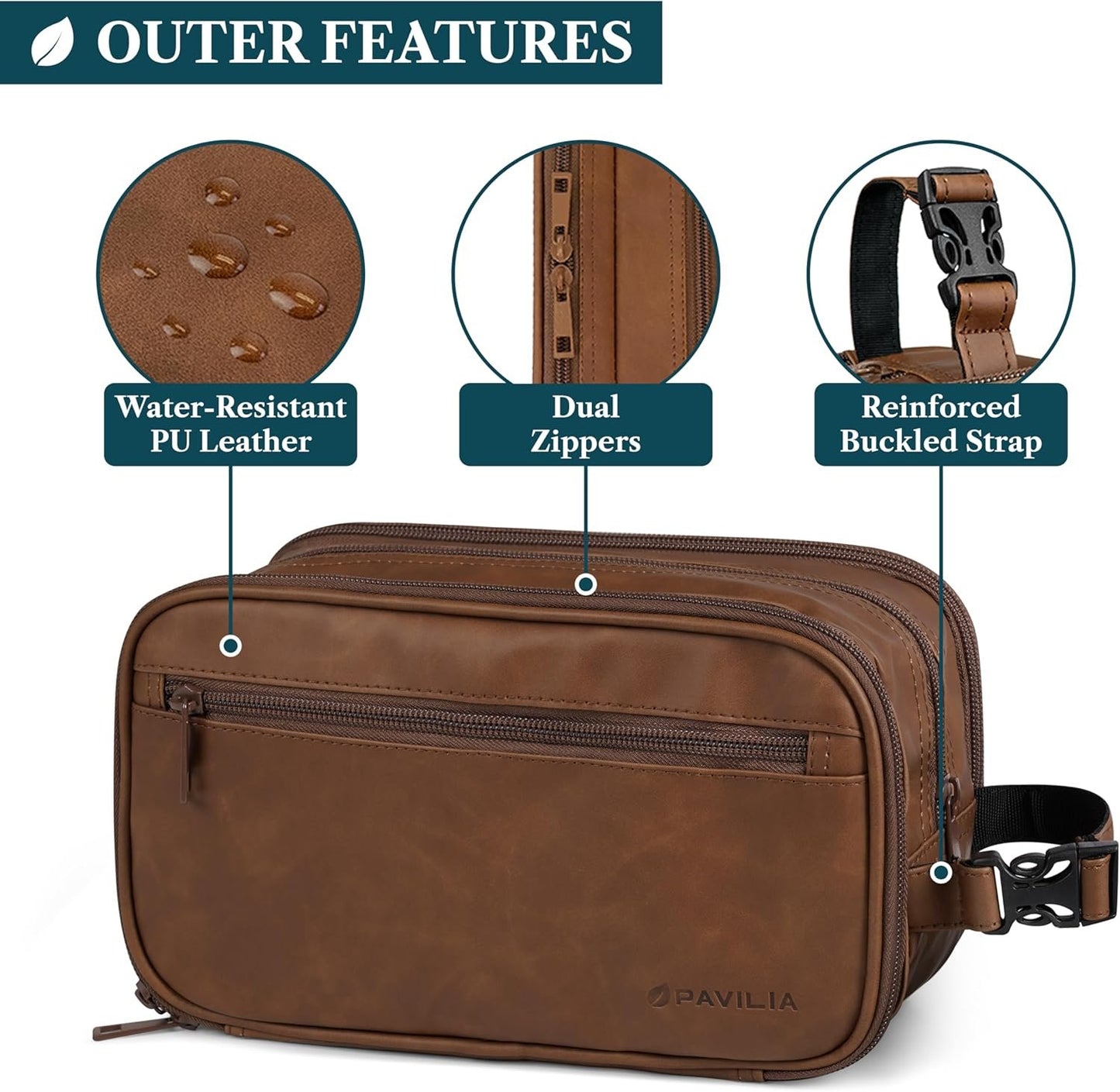 PAVILIA Toiletry Bag for Men, Travel Toiletries Bag | Water-resistant Dopp Kit, PU Leather Shaving Pouch Organizer for Accessories, Cosmetic, Hygiene, Grooming Essentials (Brown)