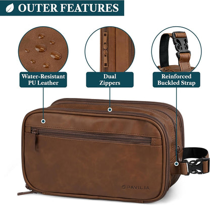 PAVILIA Toiletry Bag for Men, Travel Toiletries Bag | Water-resistant Dopp Kit, PU Leather Shaving Pouch Organizer for Accessories, Cosmetic, Hygiene, Grooming Essentials (Brown)