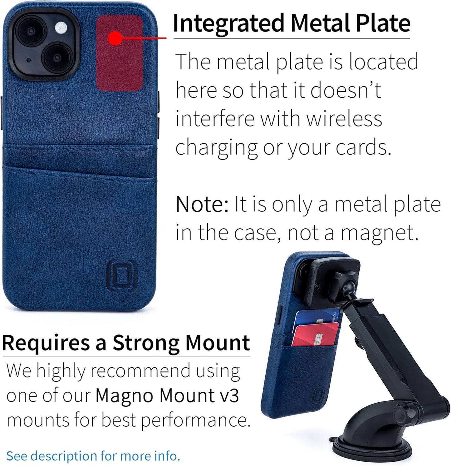 Dockem Card Case for iPhone 14 with Built-in Metal Plate for Magnetic Mounting & Wallet with 2 Holder Slots: M2 Exec Premium Synthetic Leather (Navy Blue)