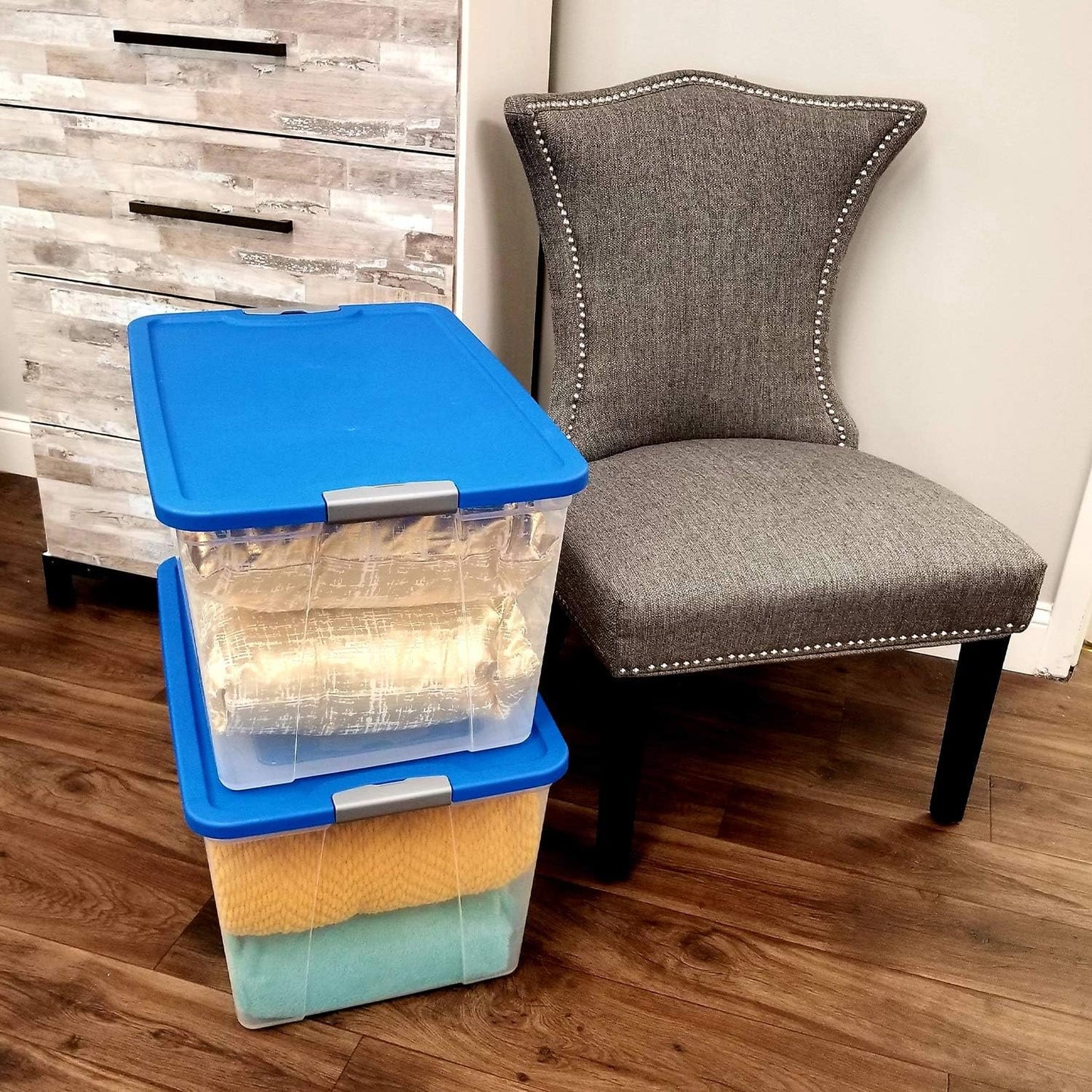 HOMZ 2-Pack Secure Latch, Clear Plastic Storage Organizer Bins, 64 Quart, Blue Lid - Stackable Container Boxes for Bedroom, Bathroom, Garage, and Office Organization