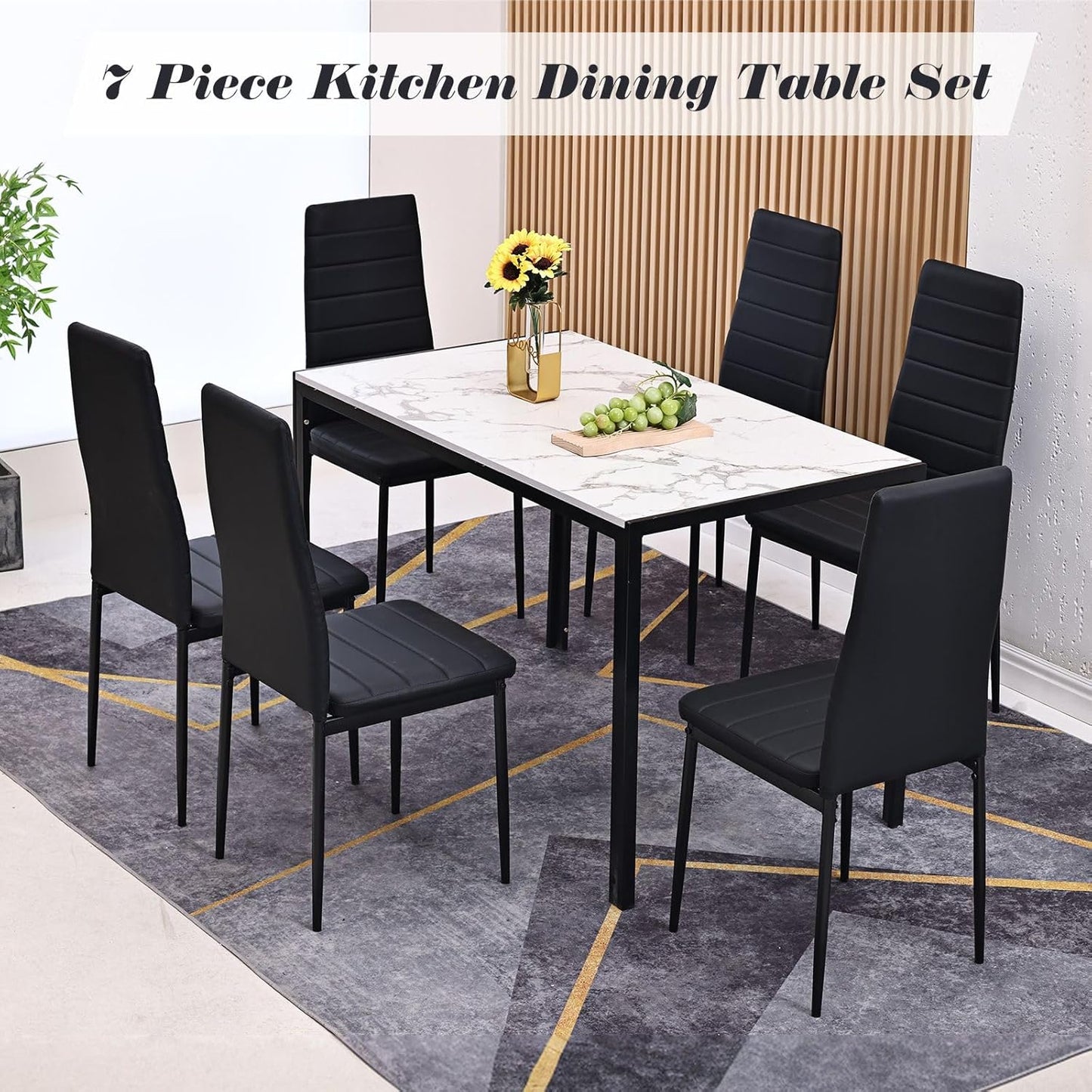 Luxsuite 7pcs Dining Table Set Marble Tabletop Rectangular 120cm High Gloss Marble Effect Top Dinner Tables 6 Seater with Tapered Metal Legs Dining Room Home Lounge Kitchen Black & White