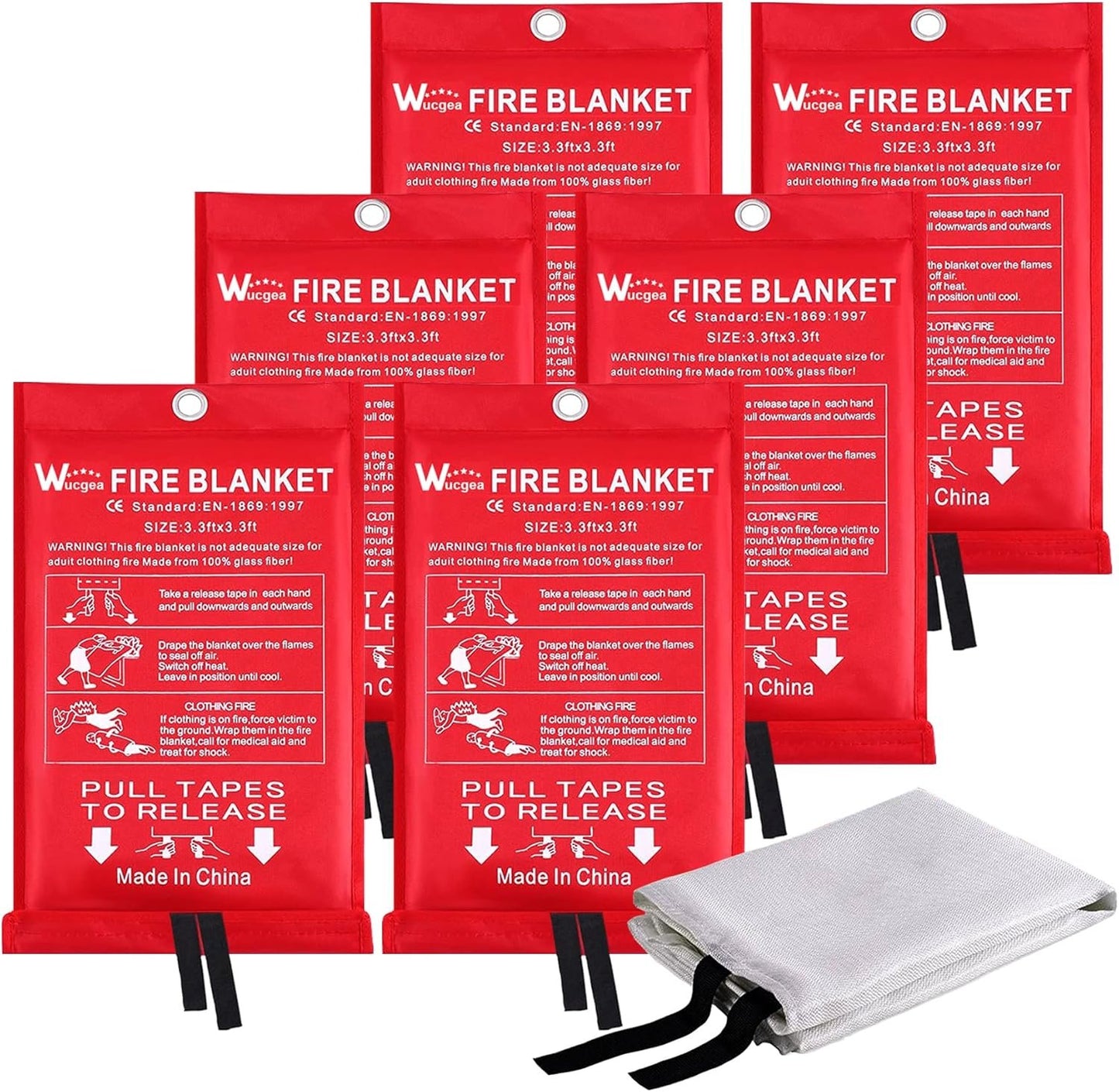 Wucgea Fire Blanket for Home and Kitchen - 6 Pack Fiberglass Reusable Fire Blankets Suppression Emergency for School Fireplace Grill Car Office Garage Welding Warehouse Safety 3.3ft x 3.3ft
