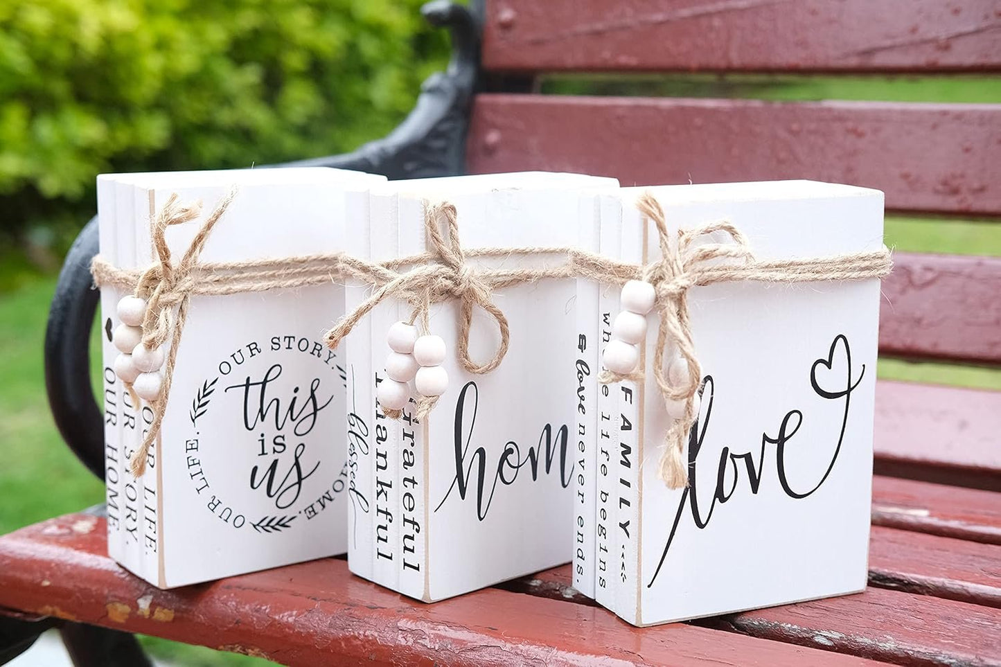 LIVDUCOT Wood Decorative Books Stack Rustic Home Decor Stack White Wooden Books for Modern Home Decor,Shelf,Mantle or Tray This is Us Our Life Our Story Our Home 7X 5.5X 2.5'