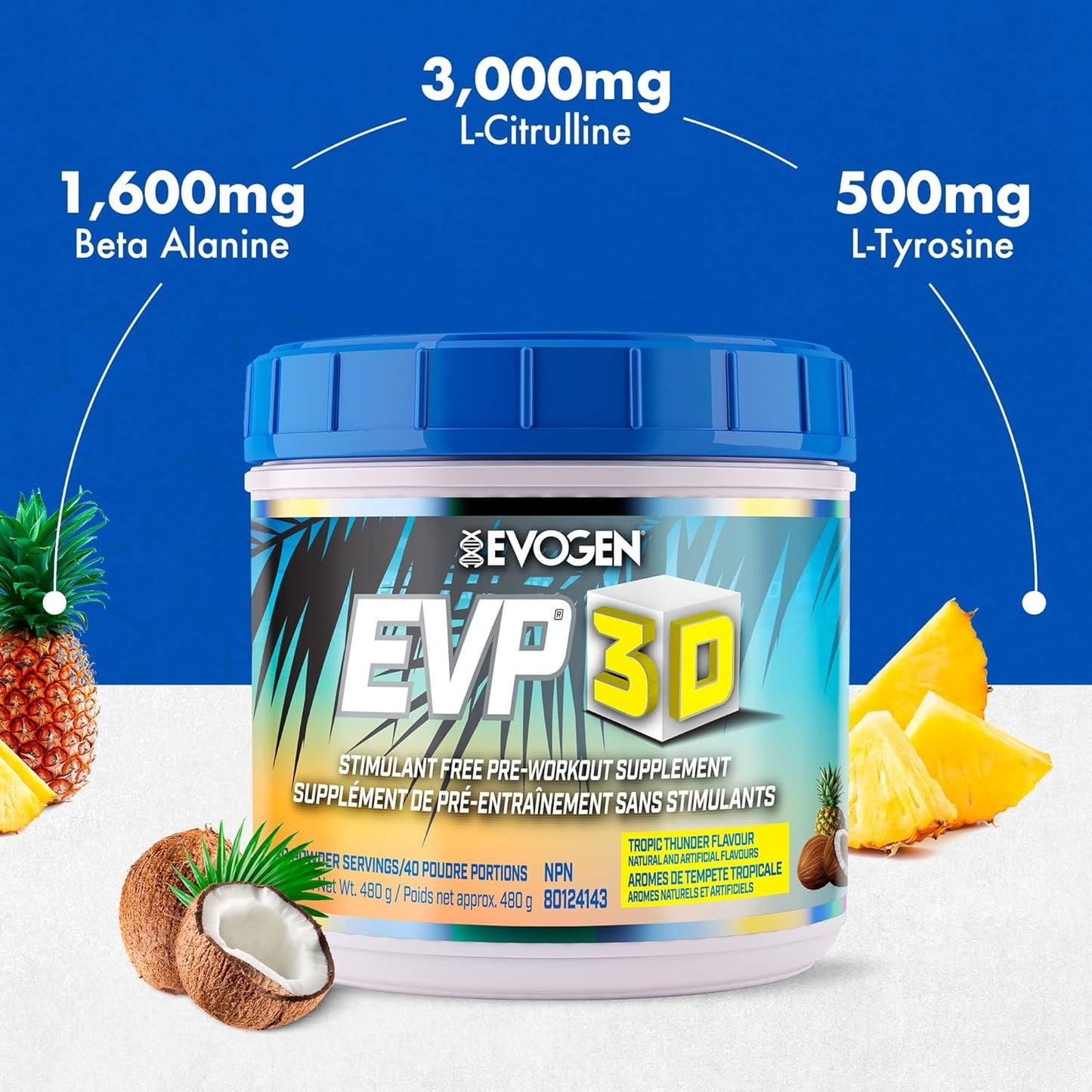 Evogen EVP 3D - Stim Free Pre-Workout | Muscle Pump & Vascularity, Mental Focus, Boosts Nitric Oxide | Arginine Nitrate, L-Citrulline, Lion's Mane | Tropic Thunder | 40 Servings