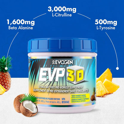 Evogen EVP 3D - Stim Free Pre-Workout | Muscle Pump & Vascularity, Mental Focus, Boosts Nitric Oxide | Arginine Nitrate, L-Citrulline, Lion's Mane | Tropic Thunder | 40 Servings