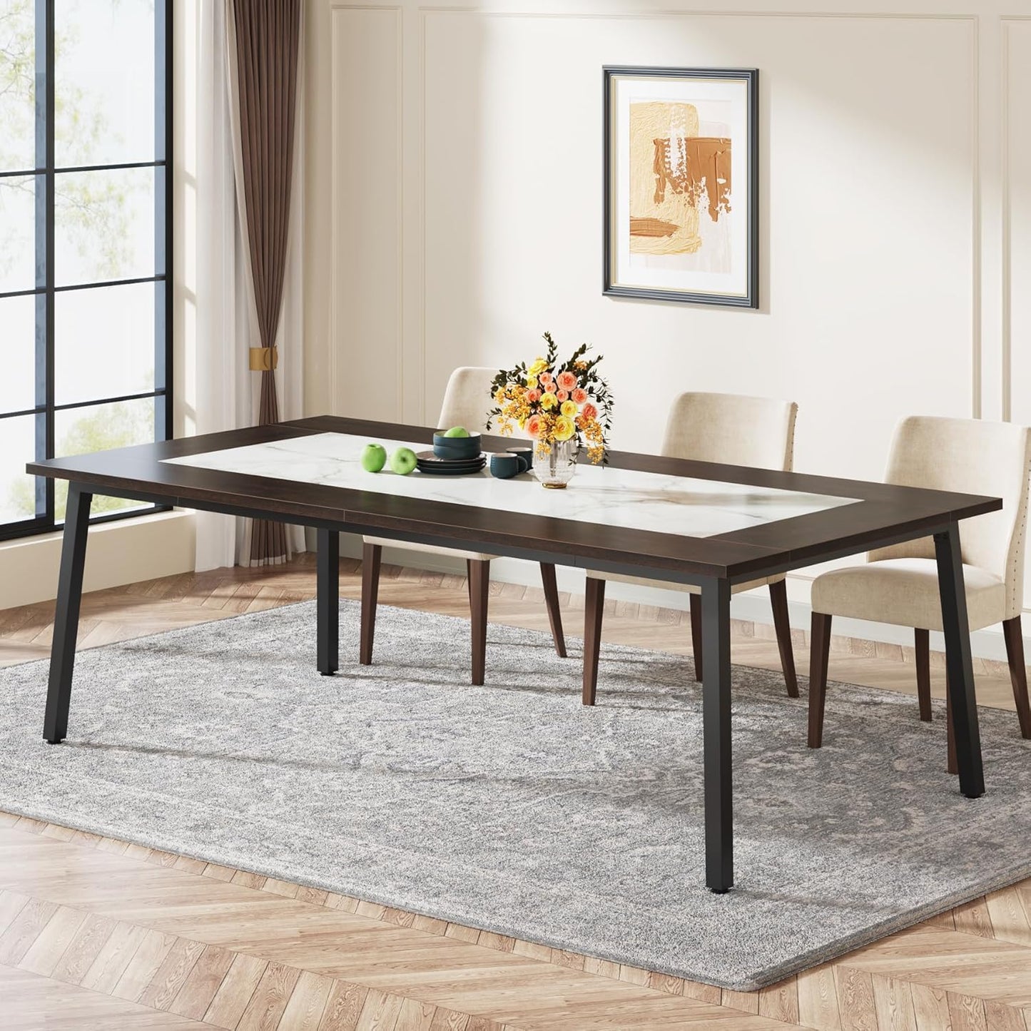 Tribesigns 200cm Dining Table for 8-10 People, Modern Large Kitchen Table Dining Room Table for Living Room, Kitchen, Rectangular Dinner Table with Metal Frame, Dark Brown and White