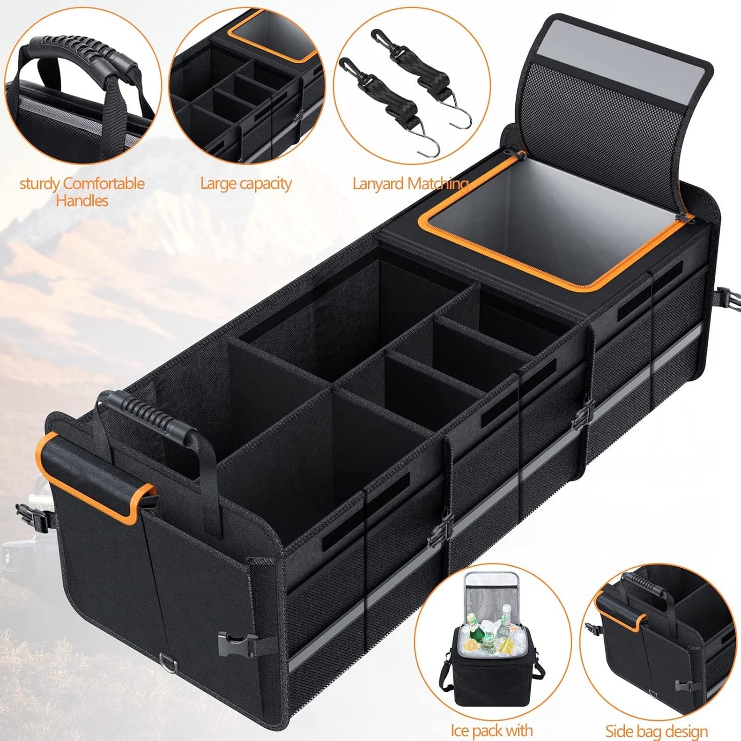 Trunk Organizer for Car, Foldable Car Storage Bag Portable With Built-in Leakproof Insulation Cooler Bag, 5 Compartments Vehicle Divider Heavy Duty Cargo Tote for SUV RV Lorry Truck Car Trip (T783)