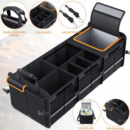Trunk Organizer for Car, Foldable Car Storage Bag Portable With Built-in Leakproof Insulation Cooler Bag, 5 Compartments Vehicle Divider Heavy Duty Cargo Tote for SUV RV Lorry Truck Car Trip (T783)