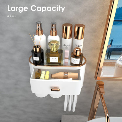 iHave Toothbrush Holders for Bathrooms - 2 Cups Toothbrush Holder Wall Mounted - Makeup Bathroom Tray, Cosmetic Drawer - Bathroom Organizers and Storage, Stylish Bathroom Decor & Bathroom Accessories