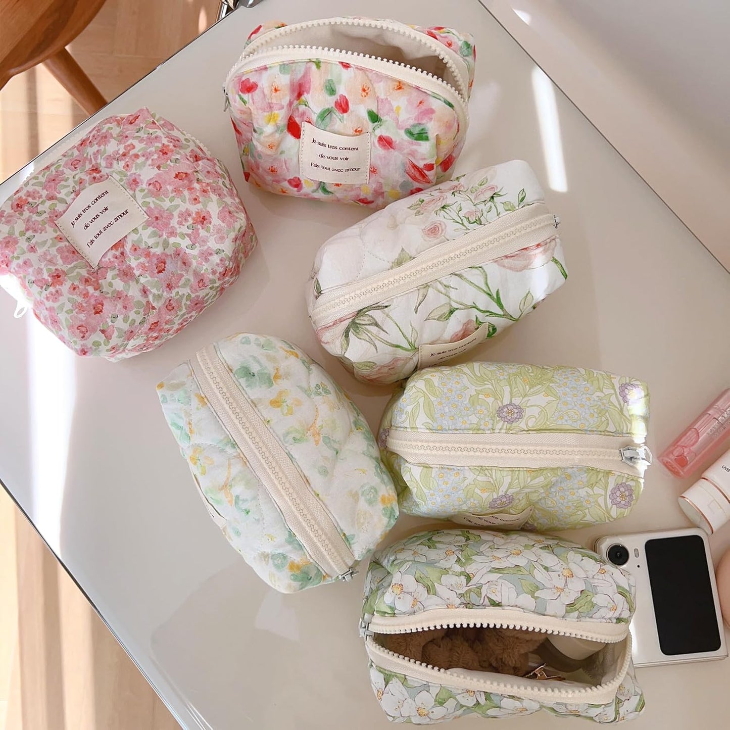 Sminra 2 Pcs Floral Makeup Bag Large Travel Cotton Quilted Cosmetic Makeup Bag Organizer, Cute Coquette Aesthetic Zipper Portable Pouch Purse Storage Toiletry Bag for Women Girls accessories, 03-Green