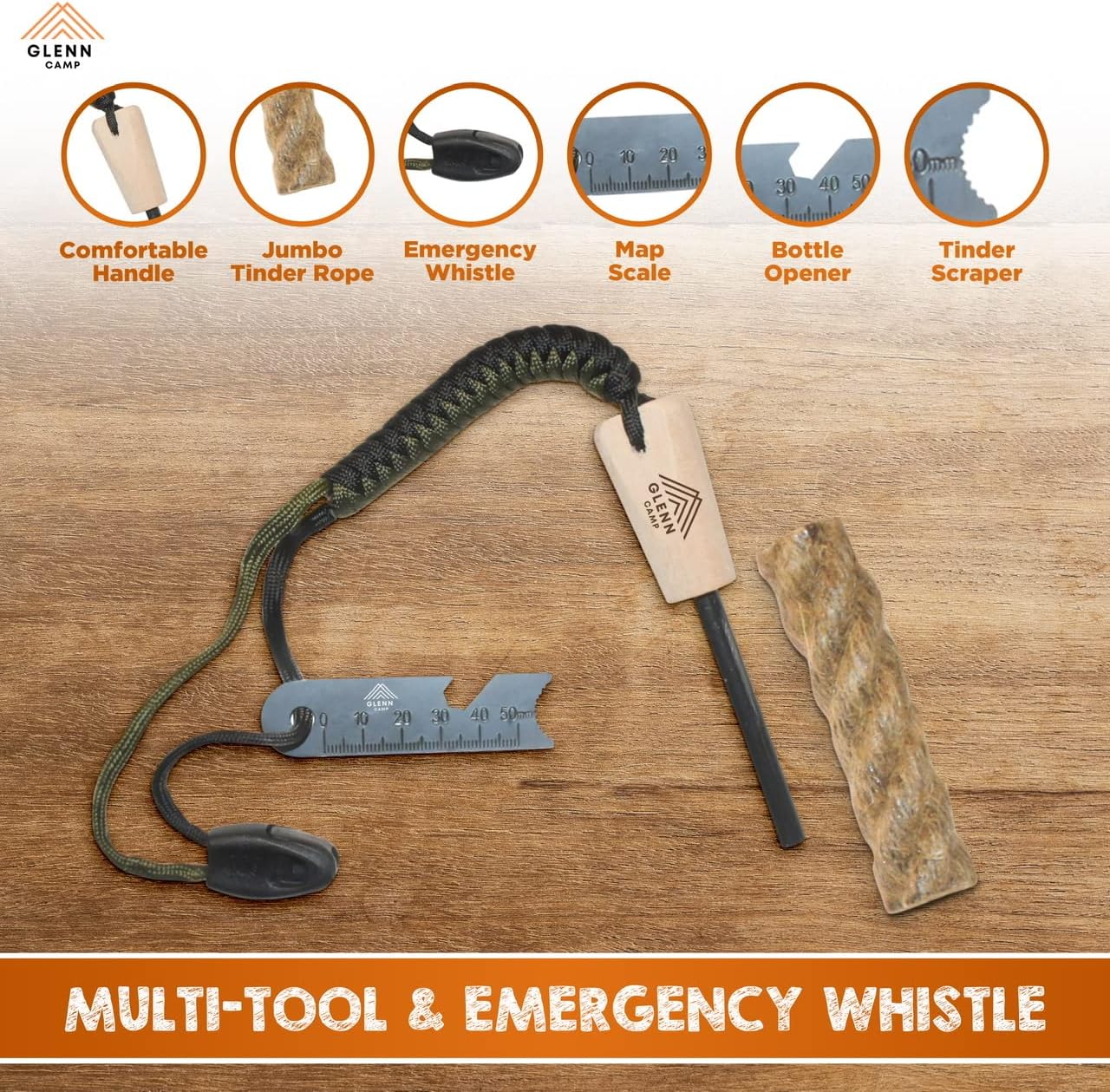 GLENN CAMP Ferro Rod Flint Fire Starter Kit: Lanyard Cord, Whistle, and Tinder Wick - Ultimate Survival and Camping Gear