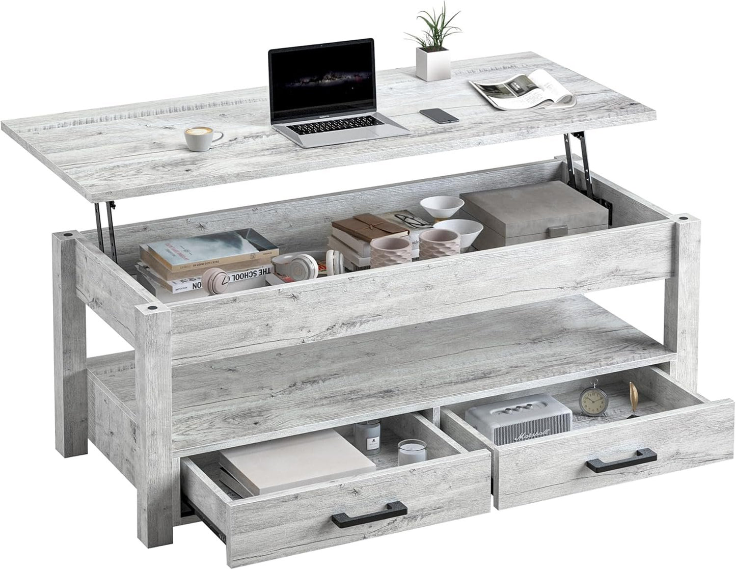 FABATO 47.2 inch Lift Top Coffee Table with Storage Drawers, Hidden Compartment, Large Farmhouse Table Lift Tabletop, Rising Tabletop Dining Table for Living Room Reception Room, Gray