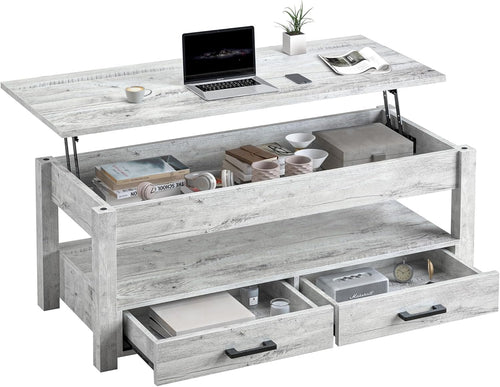 FABATO 47.2 inch Lift Top Coffee Table with Storage Drawers, Hidden Compartment, Large Farmhouse Table Lift Tabletop, Rising Tabletop Dining Table for Living Room Reception Room, Gray