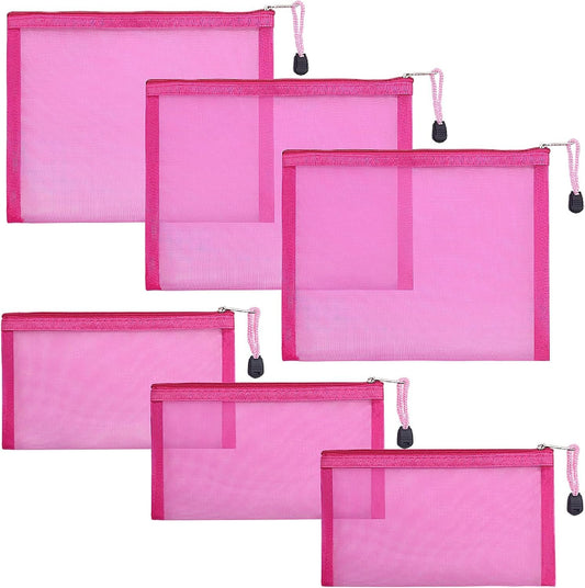 besharppin Mesh Cosmetic Bags, 6 Pack Nylon Makeup Pouches with Zipper for Home Office Purse Diaper Bag (Rose)