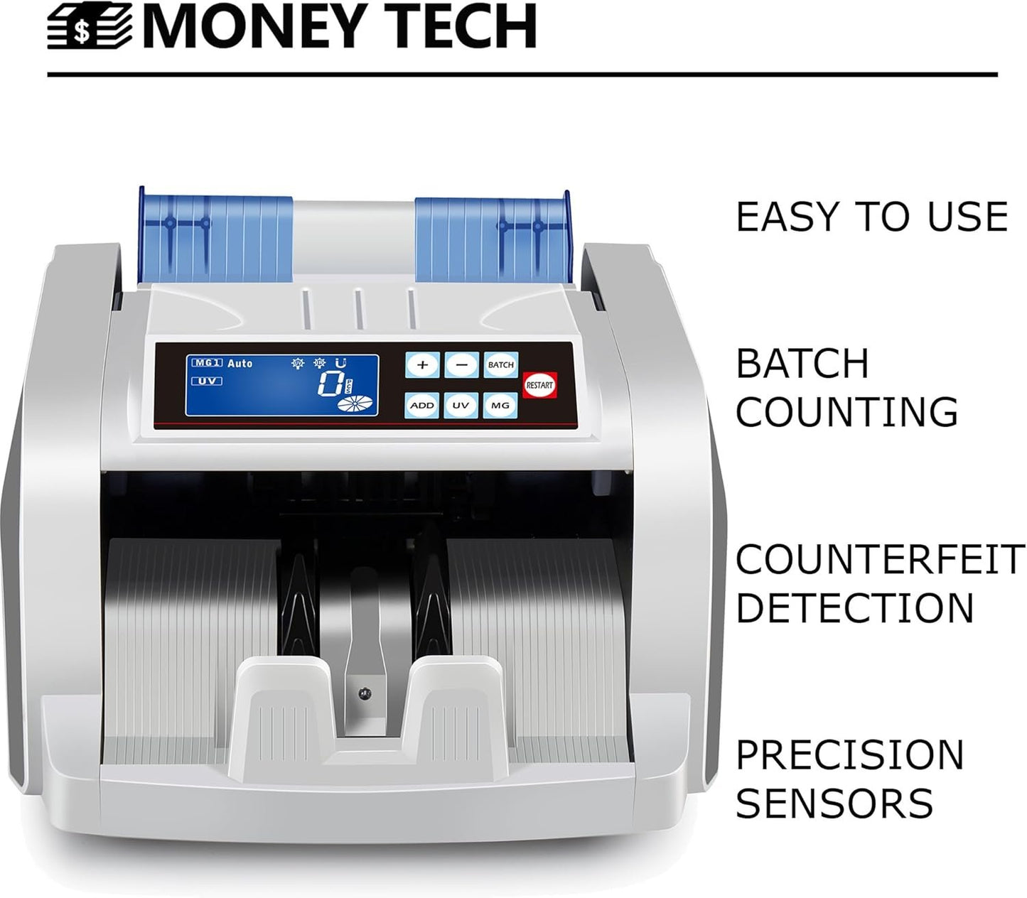 Money Tech Professional Polymer & Paper Multi-Currency Bill Cash Counter. Canadian Plastic & USD Banknote Counting Machine with Counterfeit Detection and LCD Screens.