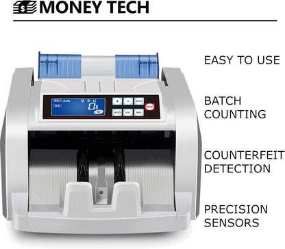 Money Tech Professional Polymer & Paper Multi-Currency Bill Cash Counter. Canadian Plastic & USD Banknote Counting Machine with Counterfeit Detection and LCD Screens.