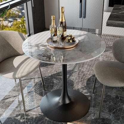 Wisfor Marble Round Bar Table: 30" Dia White Patterned Sintered Stone Tabletop 31" Tall Black Leg Bar Cocktail Table Bar Furniture for Home Kitchen,Pub,Coffee Shop,Office, Apartment