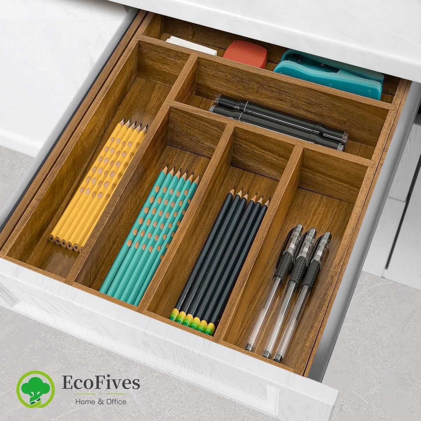 EcoFives Luxury Acacia Kitchen Drawer Organizer - Silverware Organizer - Utensil Holder and Cutlery Tray with Grooved Drawer Dividers for Flatware and Kitchen Utensils (8 Slot)