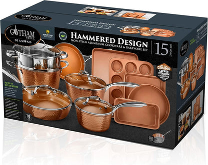 Gotham Steel Hammered Pots and Pans Set Nonstick, 15 Piece Elegant Induction Cookware Set, Long Lasting Nonstick Kitchen Set, Pan Set, Pot Set, Stay Cool Handles, Dishwasher Safe, 100% Toxin Free