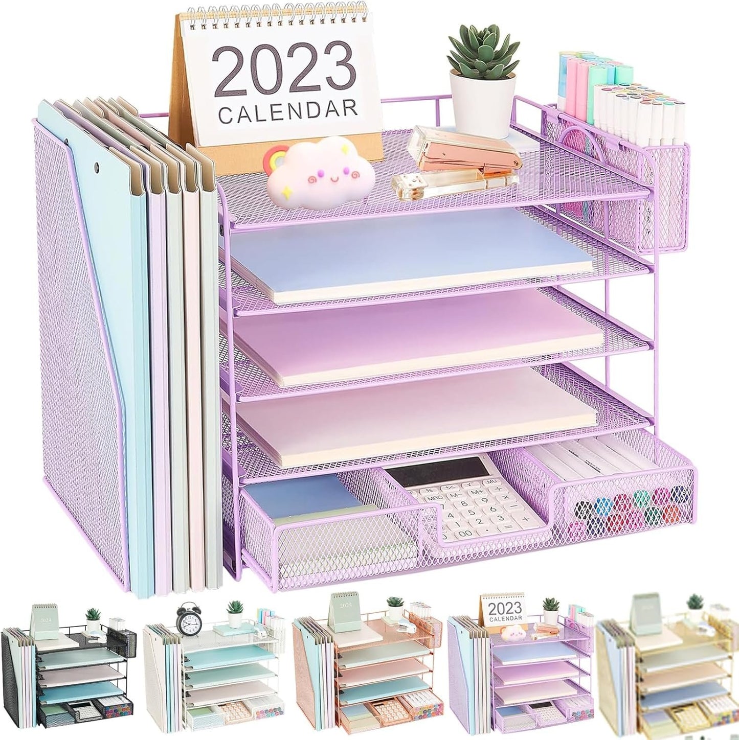 Youbetia Paper Letter Tray Organizer with Maganize Rack, 5 Tier Desk Organizers and Desk Accessories with Pen Holder, Office Desk Accessories Workspace Organization for Office Supplies (Purple)
