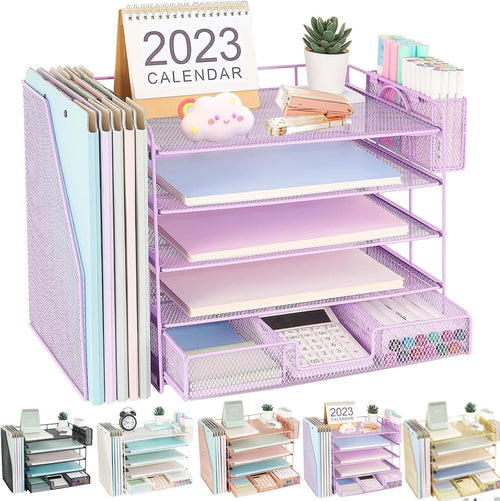Youbetia Paper Letter Tray Organizer with Maganize Rack, 5 Tier Desk Organizers and Desk Accessories with Pen Holder, Office Desk Accessories Workspace Organization for Office Supplies (Purple)