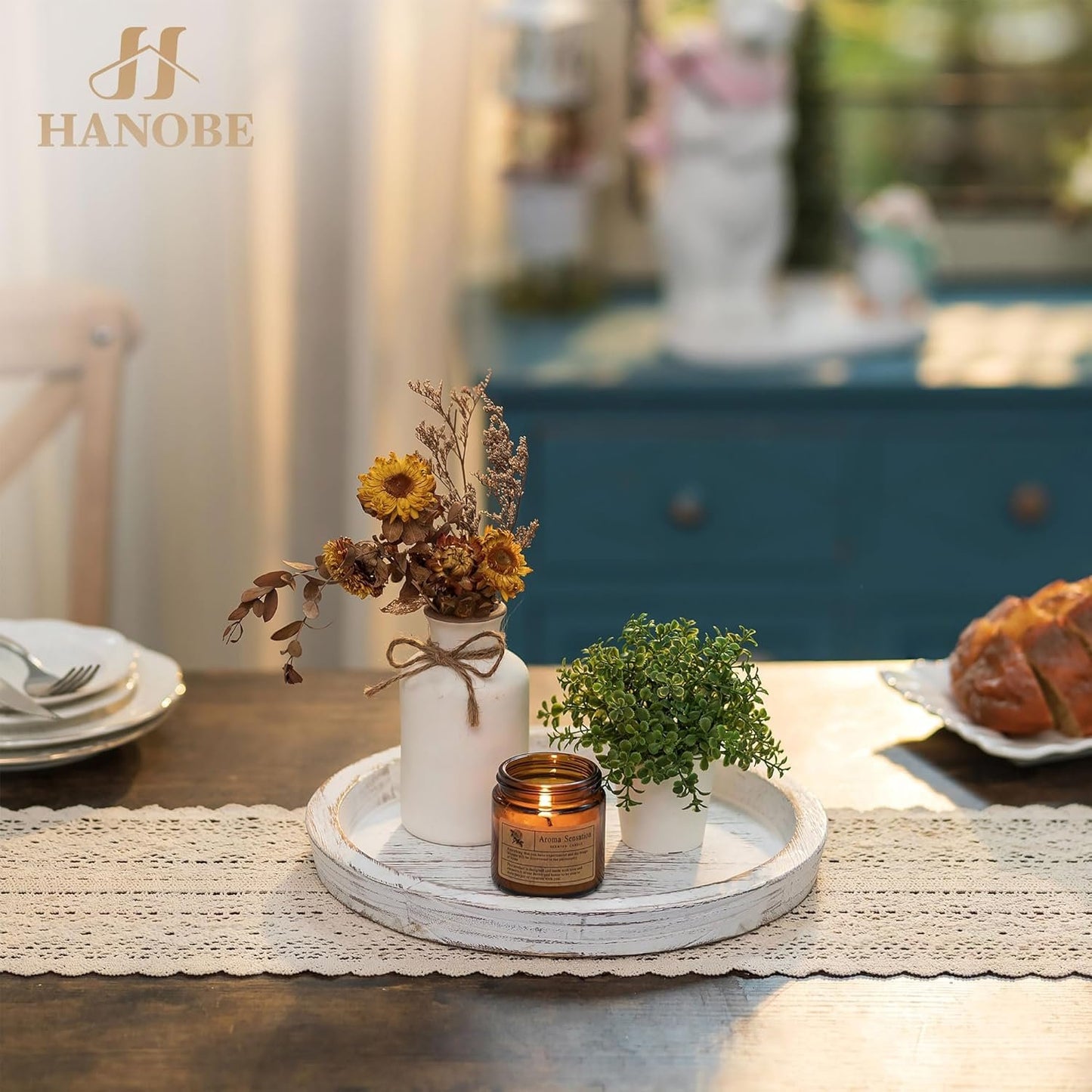 Hanobe Candle Plate Holder Tray: Round Wooden Decorative Candle Plate Small Farmhouse Table Centerpiece Rustic White Wood Tealight Pillar Trays for Christmas Wedding Halloween Home Decor