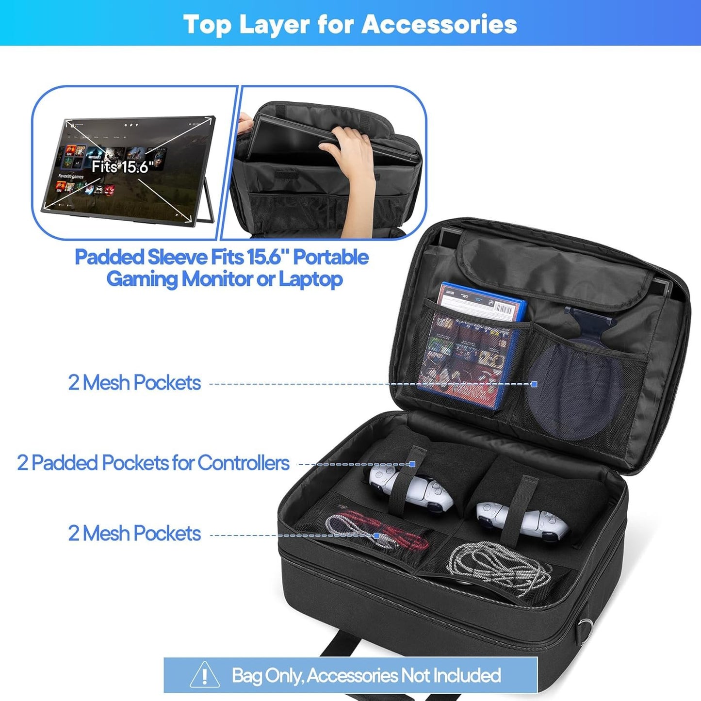 CURMIO Game Console Carrying Case Compatible with PS5/ PS5 Slim/ PS4 Game Console, Travel Console Storage Bag Case with Multiple Pockets for Laptop (Up to 15.6''), Controller, Gaming Accessories