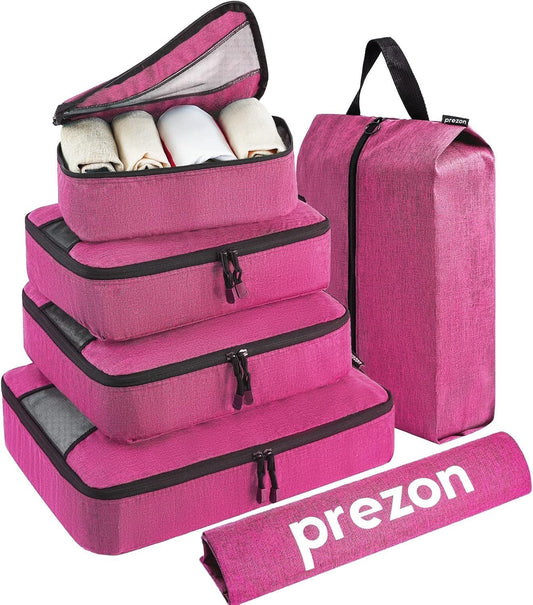 Prezon Set of 6 Packing Cubes, Essential Luggage Bags for Travel Accessories with Laundry Bag and Shoe Bag, Red