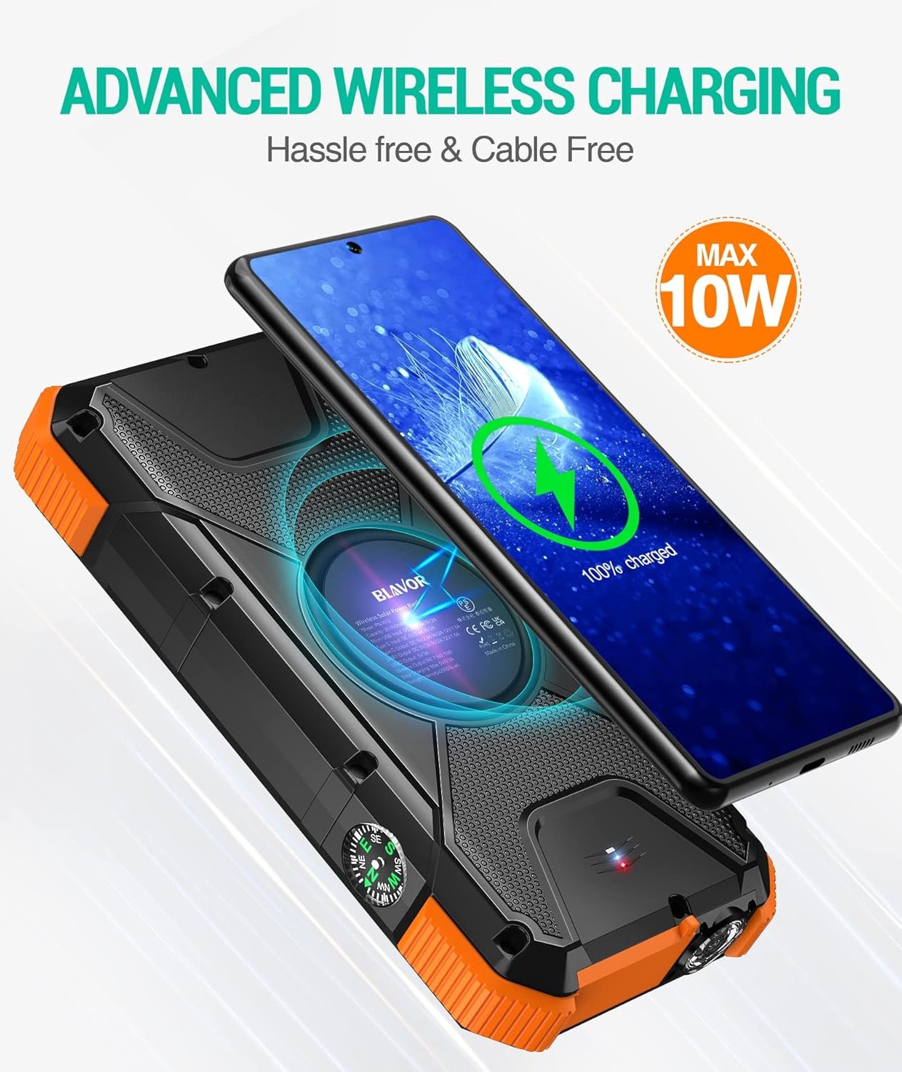 BLAVOR Solar Power Bank PD 18W QC3.0 Fast Wireless Charger 10W/7.5W/5W Four Outputs/Two Inputs 20000mAh External Battery Pack USB C Input/Output IPX5 Waterproof Super Bright Flashlight Compass