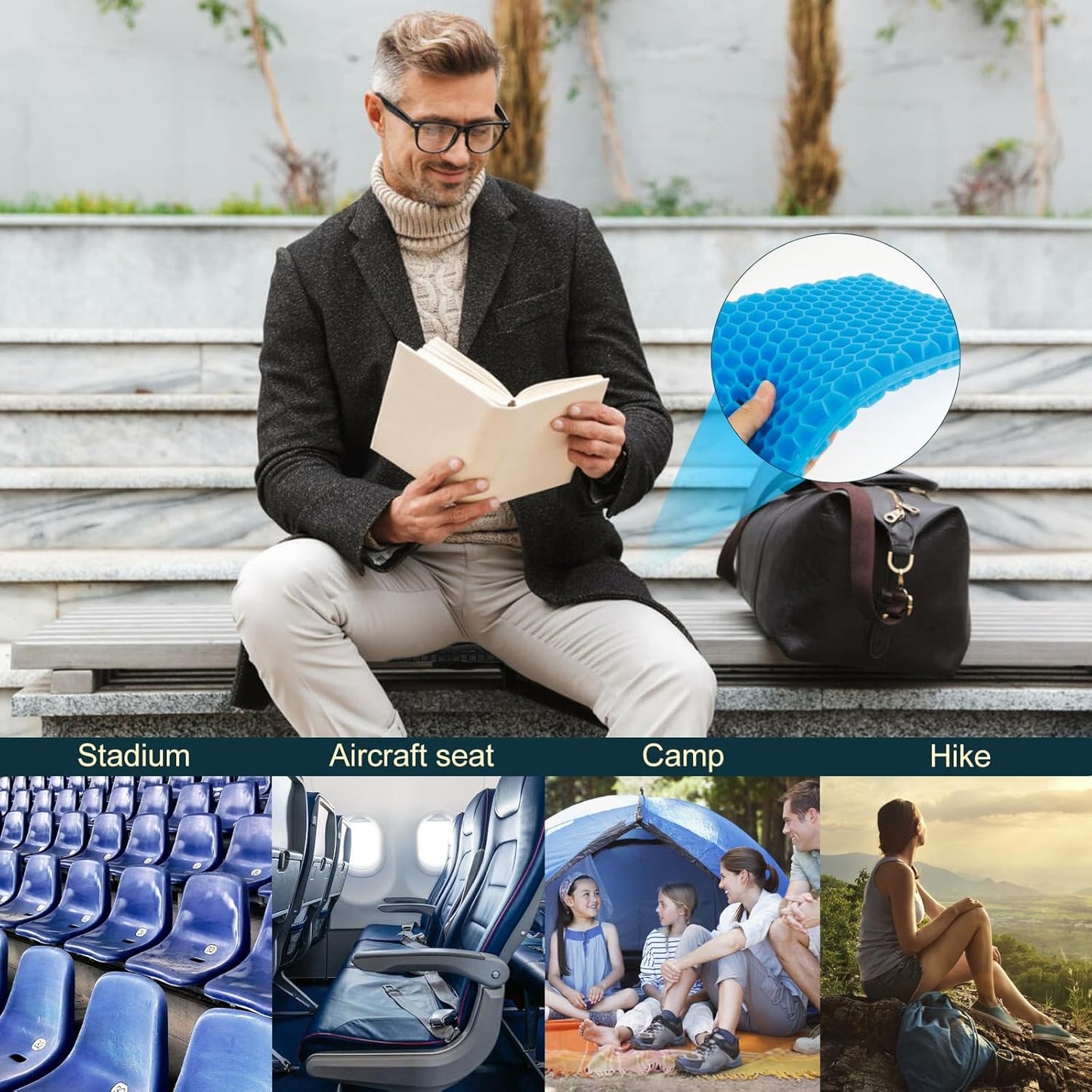 Travel Seat Cushion,Portable Airplane & Stadium Cushion,Gel Grid Design for Comfort, Foldable Cushions for Commute, Airplanes, Camping, Bleachers